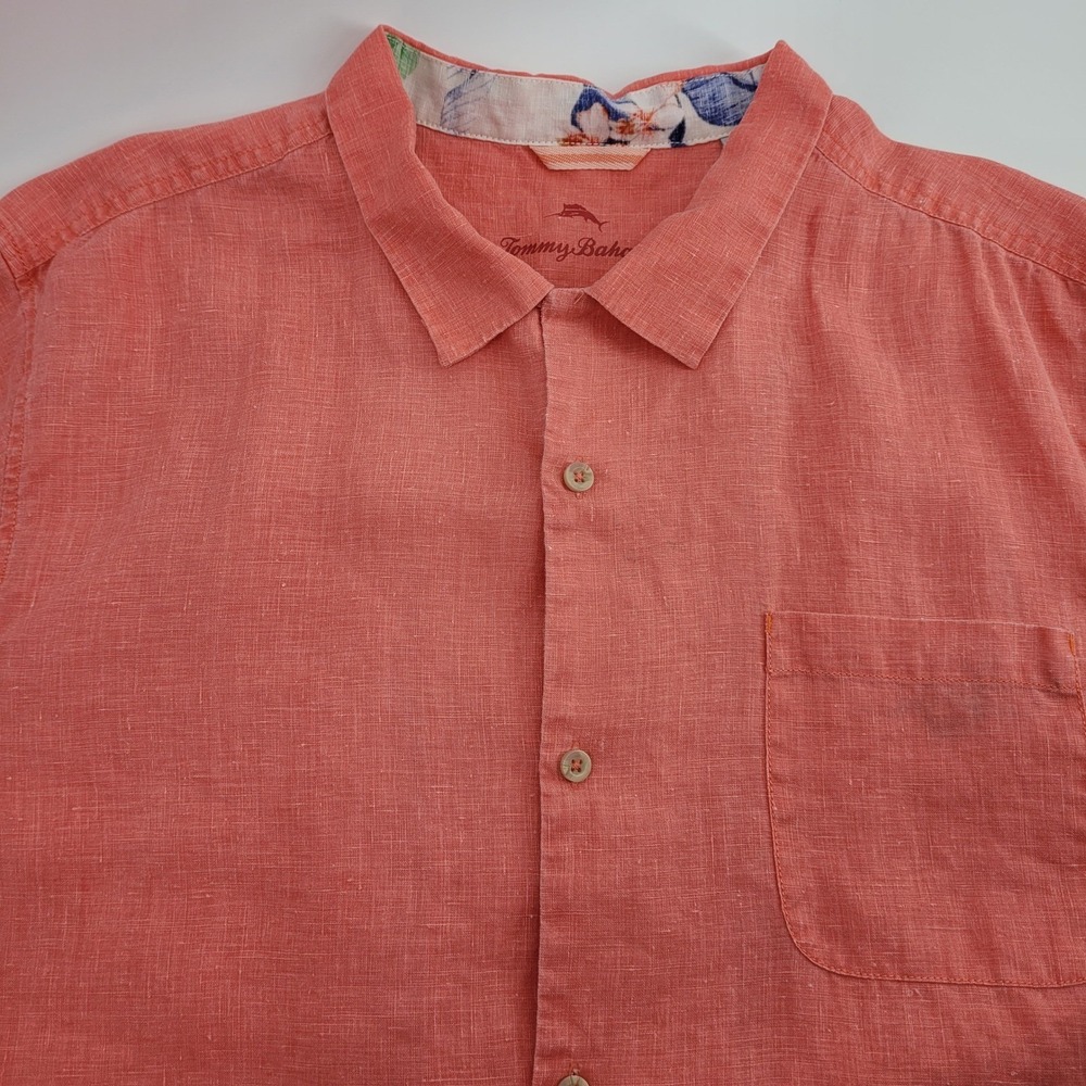 Tommy Bahama Mens XXL Coral Orange 100% Linen Short Sleeve Button Down Shirt